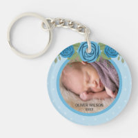 Baby Photo Pink Polka Dot Blue Floral Roses Keychain