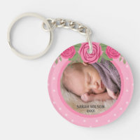 Baby Photo Pink Polka Dot Floral Keychain