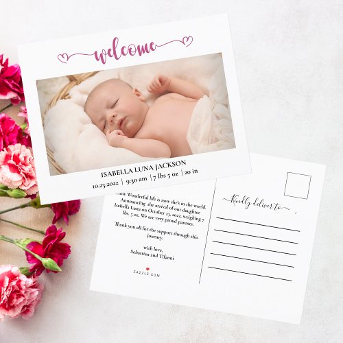 Baby Photo Pink Welcome Hearts Birth Announcement 