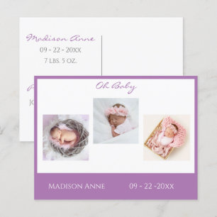 Baby Photo Purple Girl Script Stats Birth Announcement Postcard