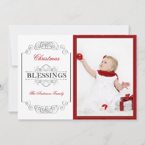 Baby Photo Red Frame Christmas Blessings Quote Holiday Card