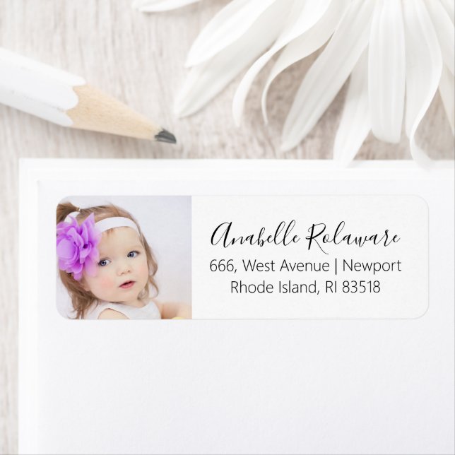Baby Photo Return Address Elegant Modern Label (Insitu)
