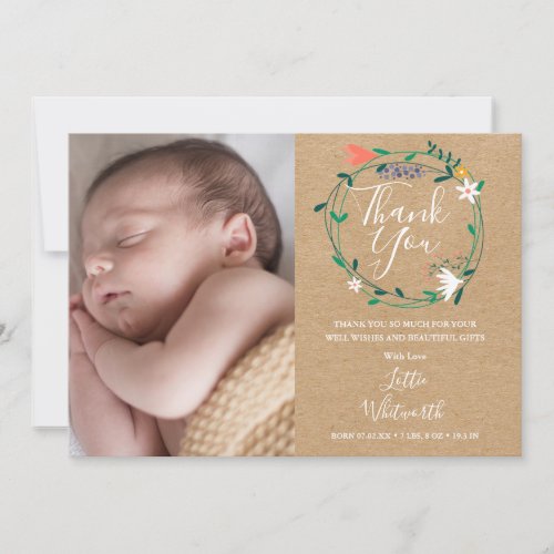 Baby Photo Rustic Boho Floral Thank You Birth Announcement