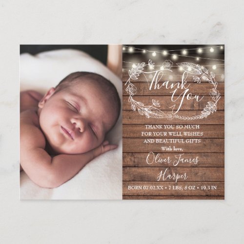 Baby Photo Rustic String Lights Thank You Birth Announcement Postcard