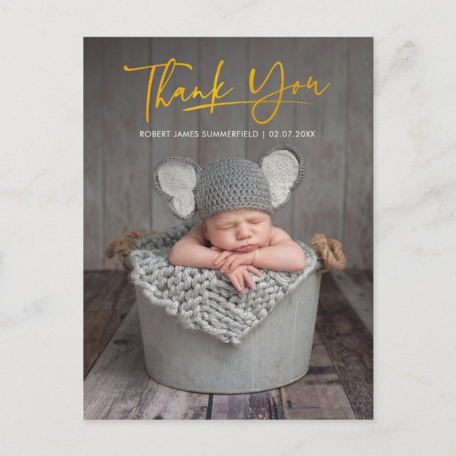 Baby Photo Script Thank You Birth Announcement Postcard (Front)