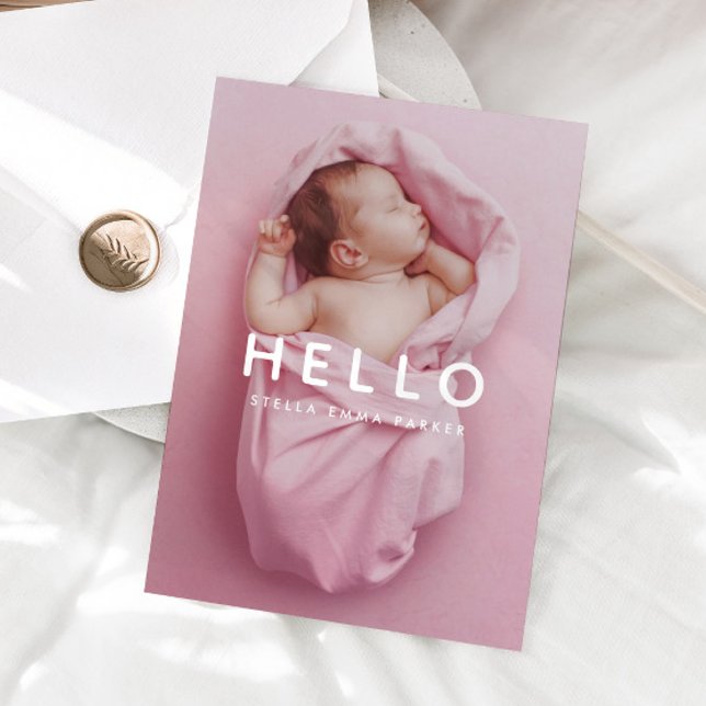 Baby Photo Simple Overlay Hello Birth Announcement (Creator Uploaded)