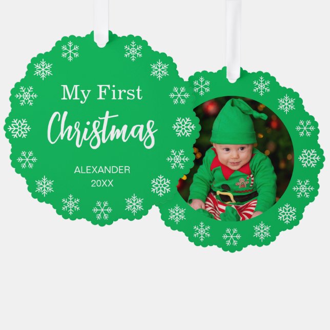  Baby Photo Snowflakes Green My First Christmas Ornament Card (Front/Back)