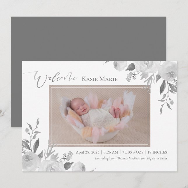 Baby Photo Spring Elegant Floral Gray Announcement (Front/Back)