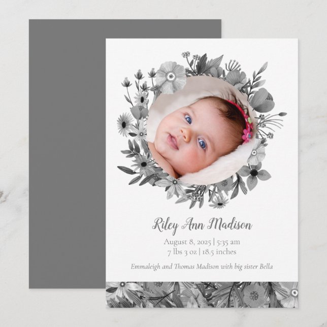Baby Photo Spring Modern Gray Floral Announcement (Front/Back)