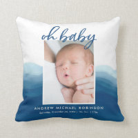 Baby Photo Stats Blue Ombre Watercolor Throw Pillow