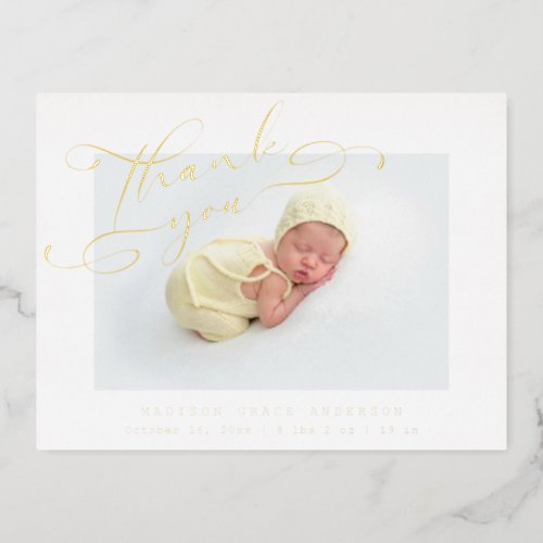 Baby Photo Thank You Elegant Modern Script Birth Foil Invitation Postcard