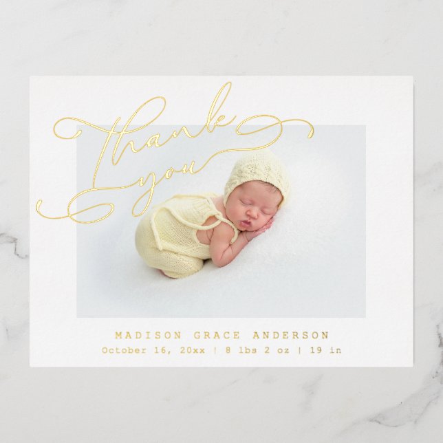 Baby Photo Thank You Elegant Modern Script Birth Foil Invitation Postcard (Front)