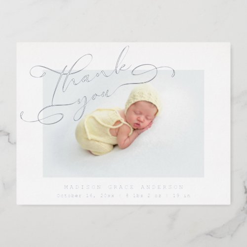 Baby Photo Thank You Elegant Modern Script Birth Foil Invitation Postcard