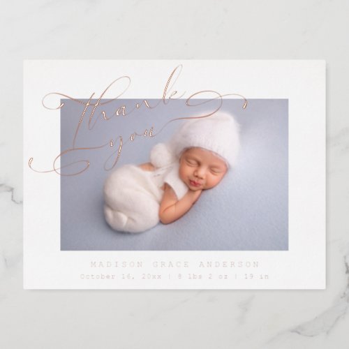 Baby Photo Thank You Elegant Modern Script Birth Foil Invitation Postcard
