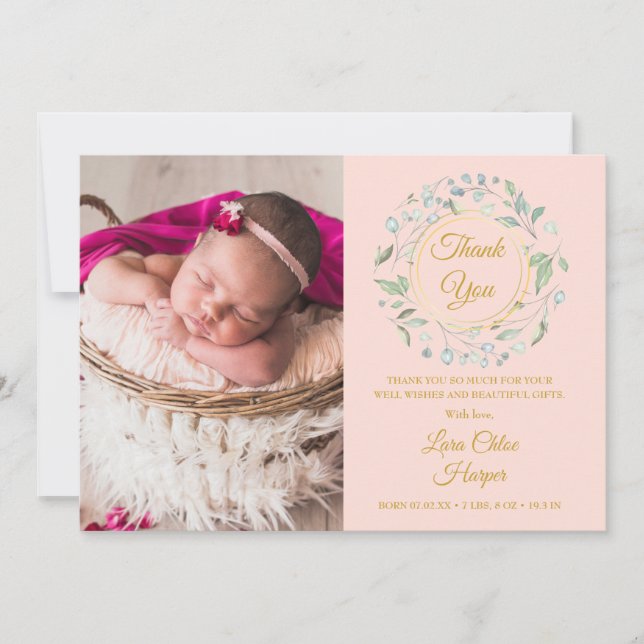 Baby Photo Thank You Greenery Blush Pink Birth Announcement (Front)
