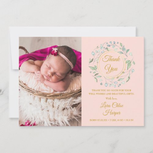 Baby Photo Thank You Greenery Blush Pink Birth Announcement
