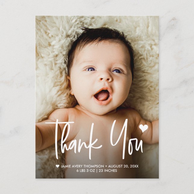 Baby Photo Thank you Heart Birth announcement Postcard (Front)