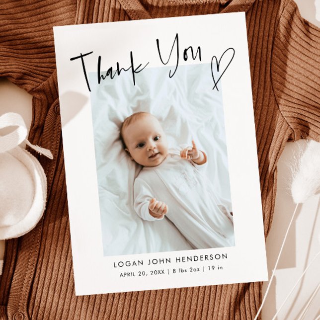 Baby Photo Thank You Heart Casual Script Birth Announcement (Creator Uploaded)