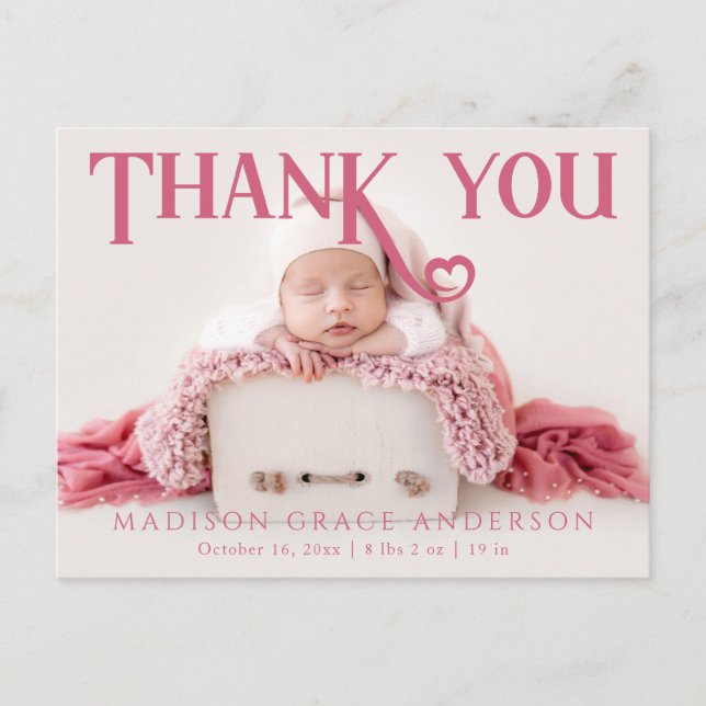 Baby Photo Thank You Modern Heart Birth Announcement Postcard (Front)