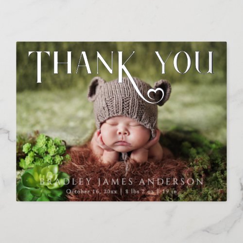 Baby Photo Thank You Modern Heart Birth Foil Invitation Postcard