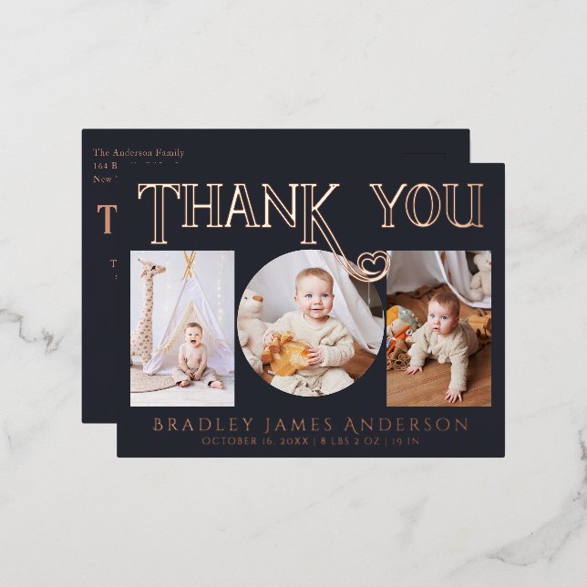 Baby Photo Thank You Modern Heart Birth Foil Invitation Postcard (Front/Back)