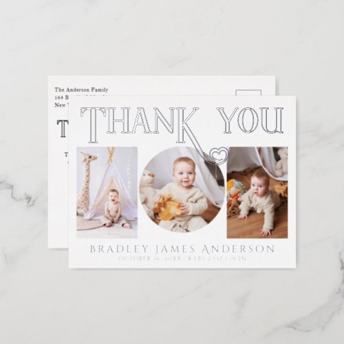 Baby Photo Thank You Modern Heart Birth Foil Invitation Postcard