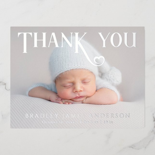 Baby Photo Thank You Modern Heart Birth Foil Invitation Postcard (Front)