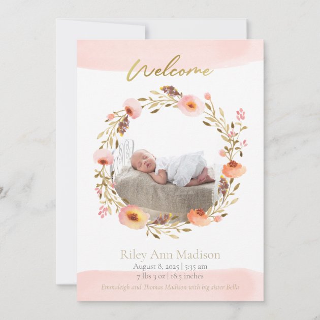 Baby Photo Trendy Floral Modern Birth Announcement | Zazzle