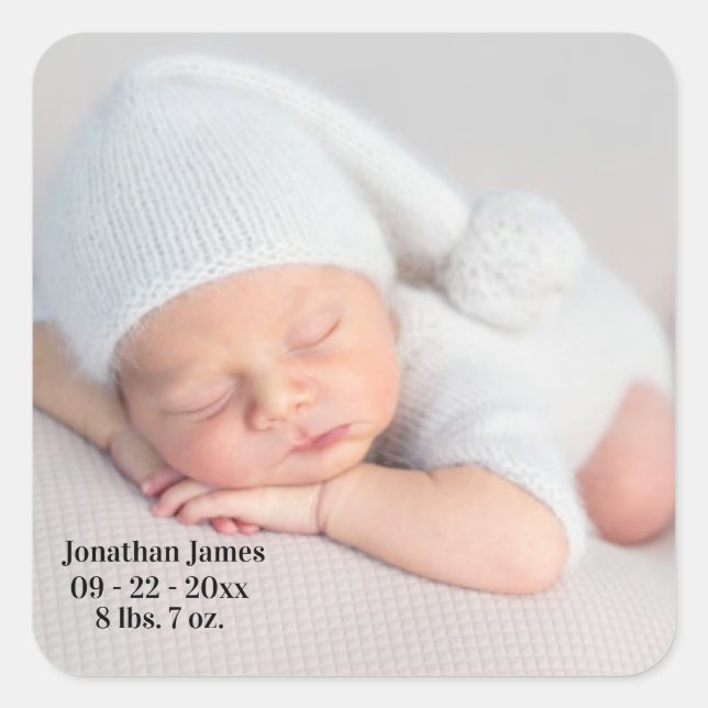 Baby Photo Typography Baby Birth Announcement Square Sticker (Front)
