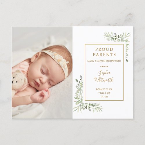 Baby Photo Watercolor Greenery Birth Announcement 