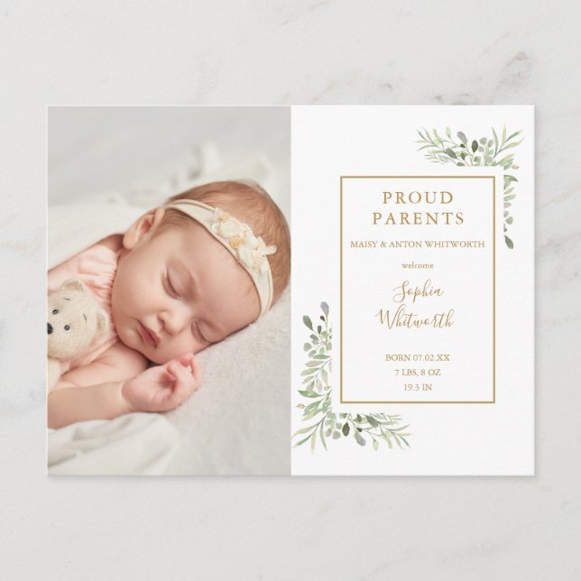Baby Photo Watercolor Greenery Birth Announcement  (Front)
