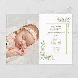 Baby Photo Watercolor Greenery Birth Announcement  Postcard