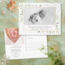 Baby Photo Watercolor Greenery  Birth Thank You Po Postcard