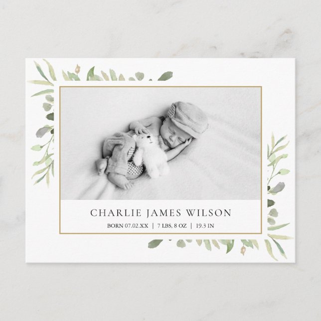 Baby Photo Watercolor Greenery  Birth Thank You Postcard (Front)
