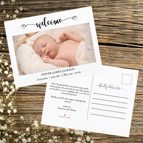 Baby Photo Welcome Hearts Modern Birth Announcement Postcard