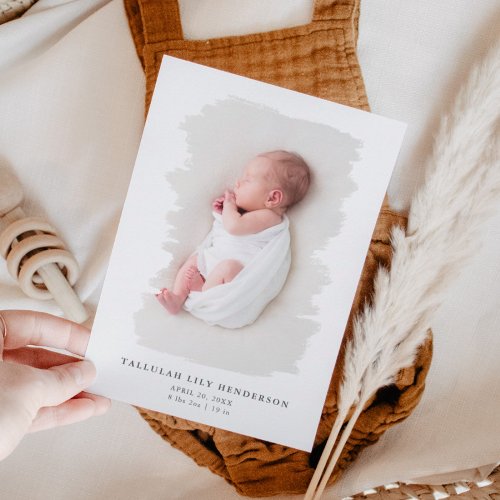 Baby Photo White Minimalist Brush Stroke Birth Announcement