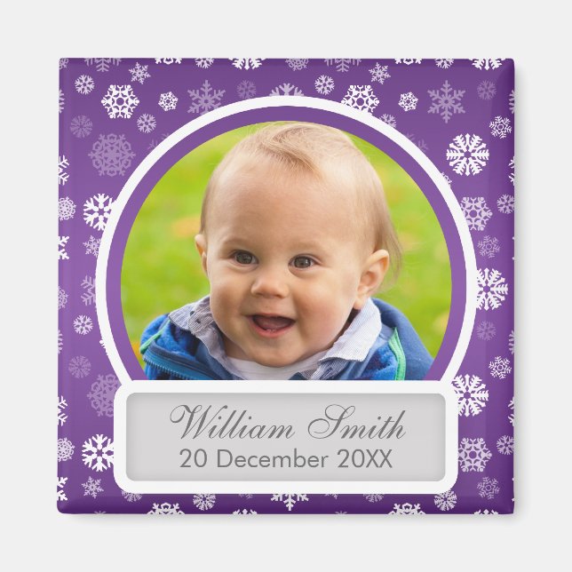 Baby Photo With Name & Date Winter Snowflake Magnet (Front)