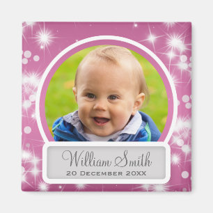 Baby Photo With Name & Date Winter Sparkle Pink Magnet