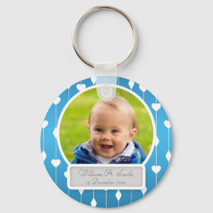 Baby Photo With Name Hearts & Diamonds Blue Keychain