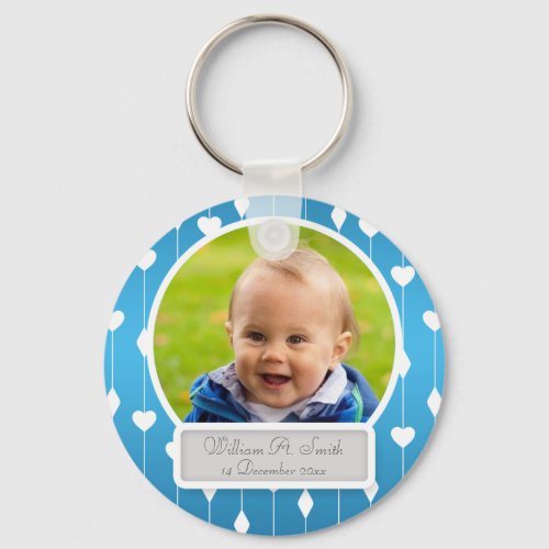 Baby Photo With Name Hearts  Diamonds Blue Keychain