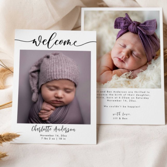 Baby Photos Elegant Name Script Birth Announcement (Creator Uploaded)
