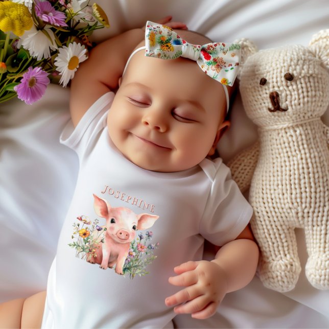 Baby Pig Wildflowers Farm Baby Name T-Shirt Bodysuit (Creator Uploaded)