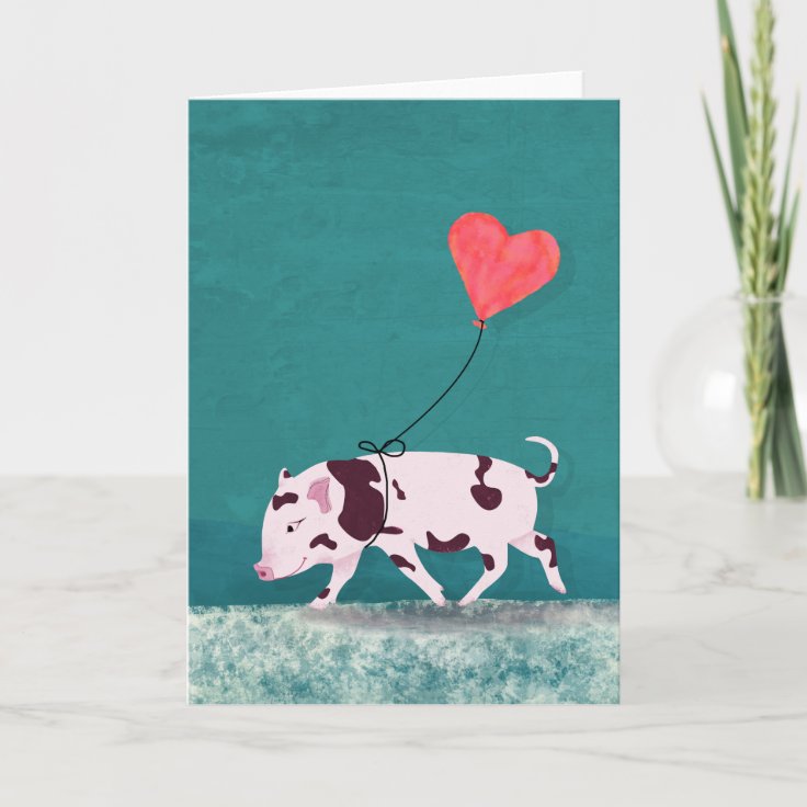 Baby Pig With Heart Balloon Card Zazzle