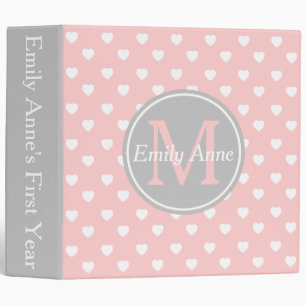 Baby Pink and Ash Grey Hearts Monogram Scrapbook 3 Ring Binder