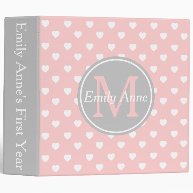 Baby Pink and Ash Grey Hearts Monogram Scrapbook 3 Ring Binder (Front/Spine)
