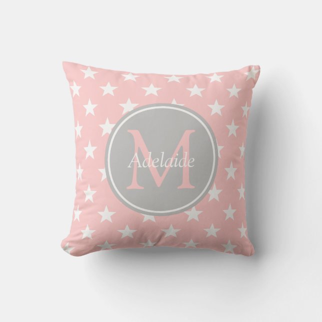 Baby Pink and Ash Grey Stars Monogram Throw Pillow (Front)