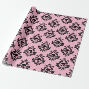 Baby pink and Black Skull damask wrapping paper