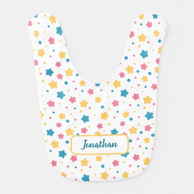 Baby Pink and Blue Stars Pattern Custom Name Boy 2 Baby Bib (Front)