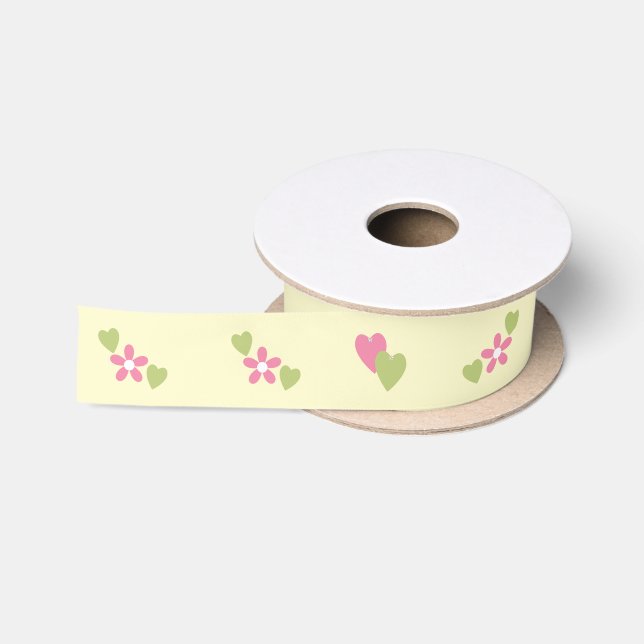 Baby pink and green floral hearts satin ribbon (Spool)
