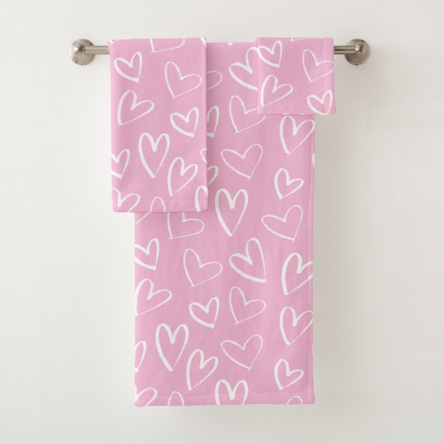 Baby pink and white heart pattern  bath towel set (Insitu)